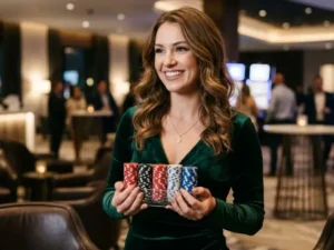 Elegant young woman holding a stack of chips proudly inside a casino – online sabong news focus.