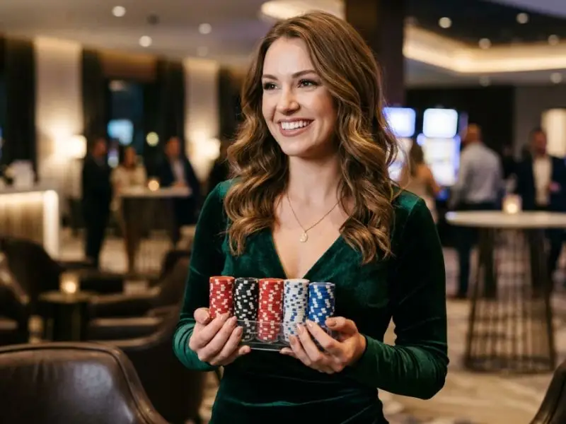 Elegant young woman holding a stack of chips proudly inside a casino – online sabong news focus.