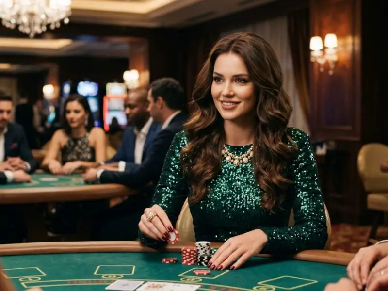 Glamorous lady sitting at a poker table enjoying online sabong news inside a casino