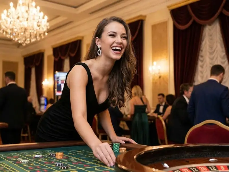 Happy woman placing roulette bets inside a casino, featured in online sabong news.