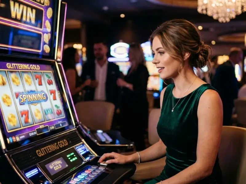 Woman watching a spin on a slot machine inside a casino – online sabong news coverage