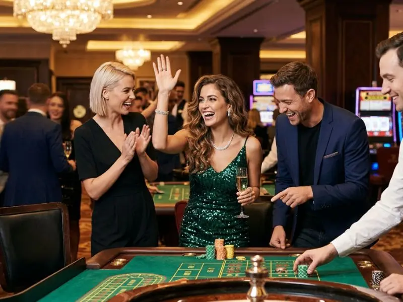pcso online casino lady celebrating casino win with friends at table game inside casino
