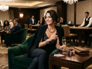Stylish lady relaxing in upscale gaming lounge at PCSO online casino