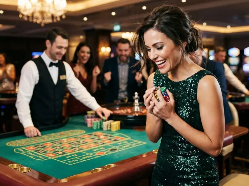 Young woman celebrating a big win at the roulette table holding casino chips inside PH444 online casino