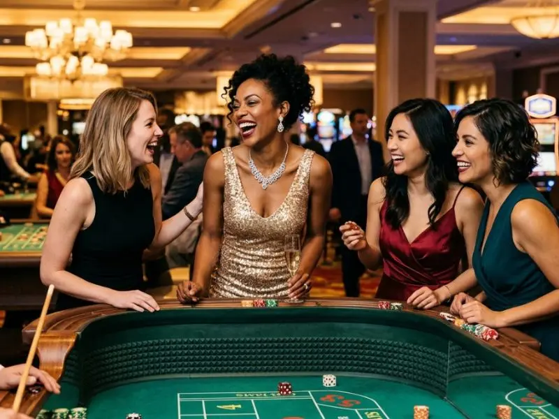 ph444 online casino woman laughing with friends at craps table inside casino