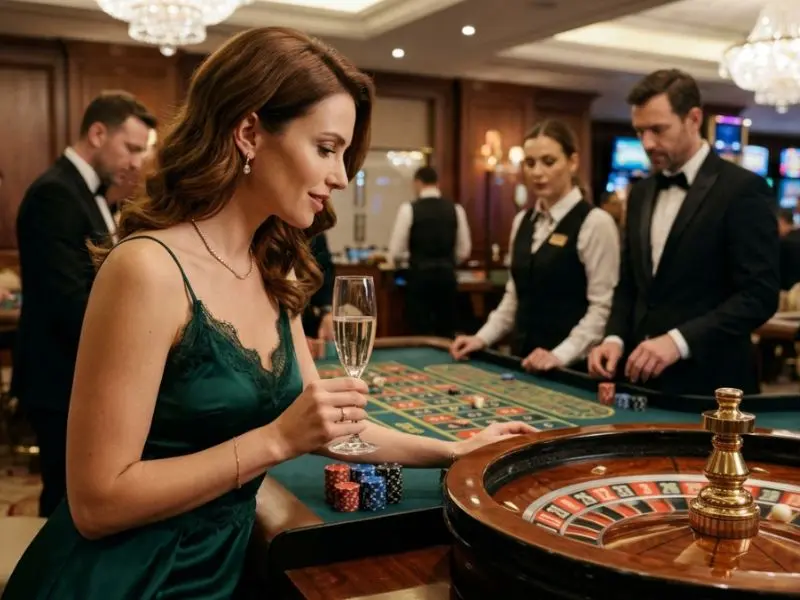 Young woman watching roulette wheel spin in PH444 online casino, enjoying vibrant casino atmosphere