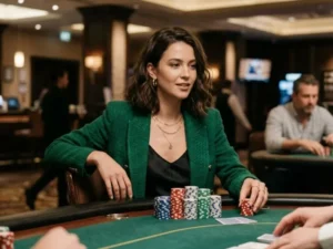 Young woman sitting at poker table with chips inside a casino - ph444 online casino