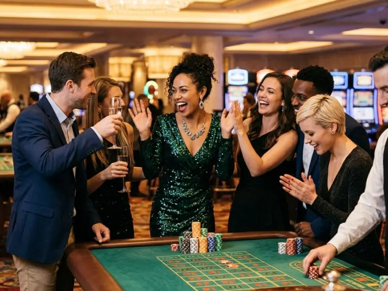 philwin online casino woman celebrating casino win with friends at table game inside casino