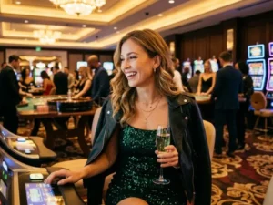Young woman enjoying casino slots under golden lights at Philwin Online Casino