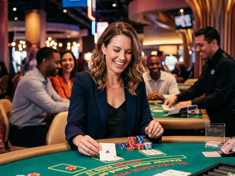 philwin online casino woman playing blackjack happily inside casino