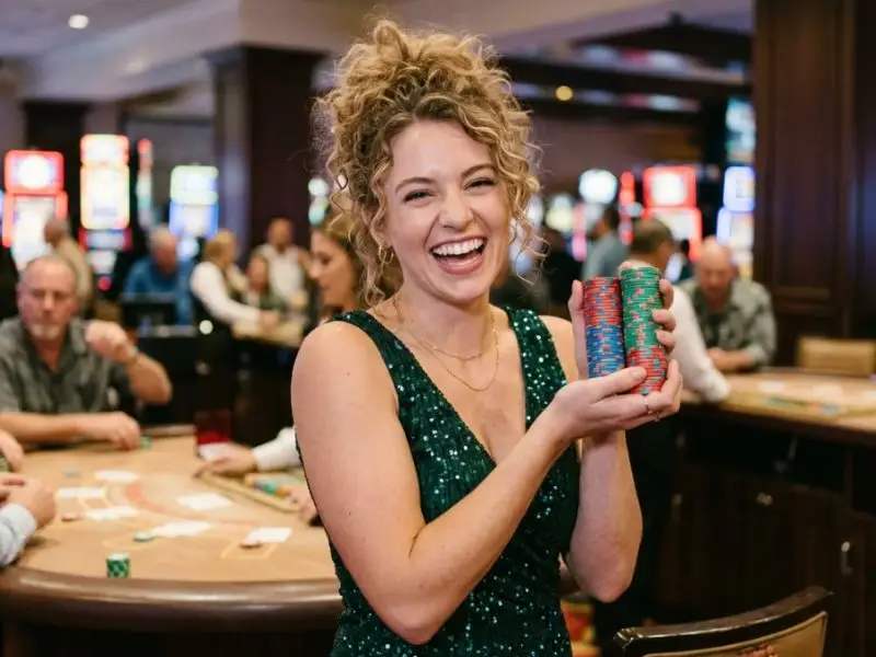 Cheerful young woman posing with casino chips at a slot machine, enjoying Pinoy Slot Fiesta in a vibrant casino