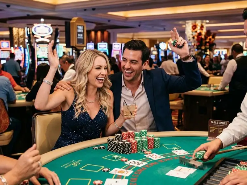 Pinoy Slot Fiesta couple celebrating a blackjack win together inside a lively casino