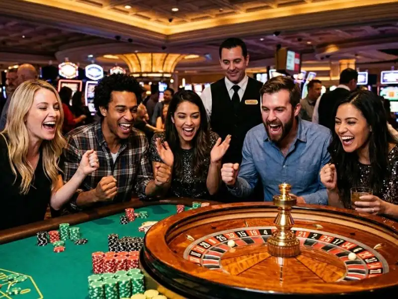 Pinoy Slot Fiesta players excitedly watching the spinning roulette wheel inside a casino