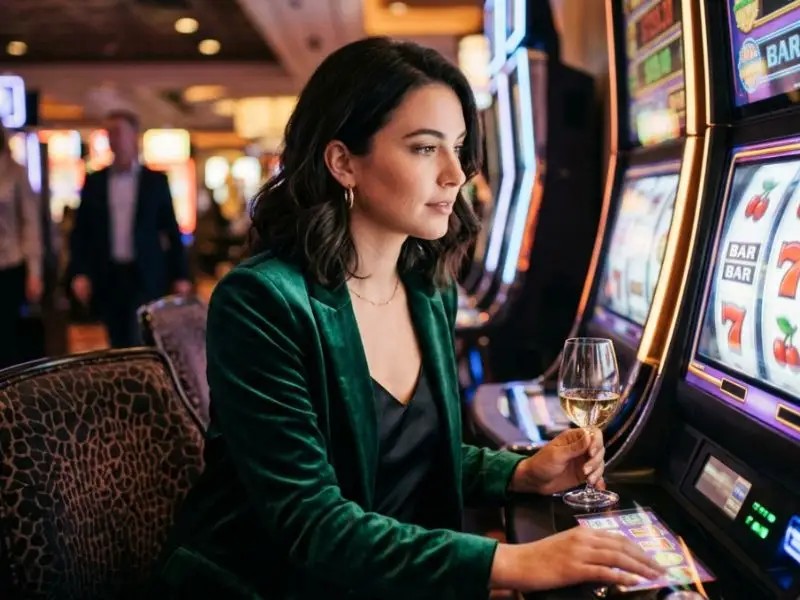 Young woman smiling and enjoying as she watches slot reels spin at a casino, playing Pinoy Slot Fiesta