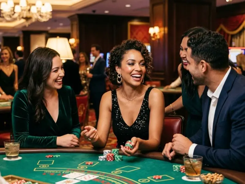 Solaire online casino lady enjoying casino night with friends and chips inside the casino