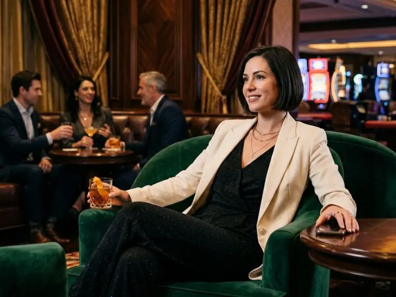 solaire online casino woman relaxing in upscale casino gaming lounge