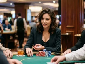 Young lady sitting at poker table with chips inside Solaire Online Casino