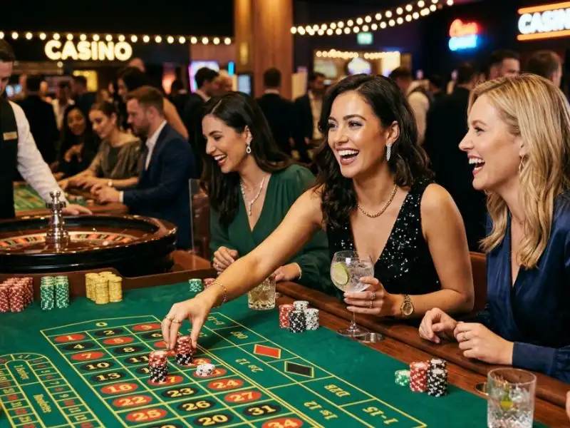 TMTPlay Best Online Casino woman enjoying casino night with friends inside a vibrant casino
