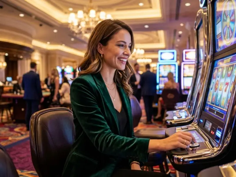 tmtplay best online casino woman smiling while playing slot machine inside luxury casino
