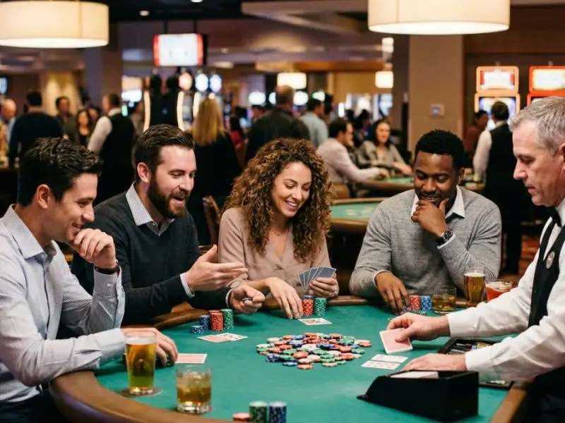 Tonget friends playing poker at night inside a lively casino, enjoying cards and drinks under bright lights