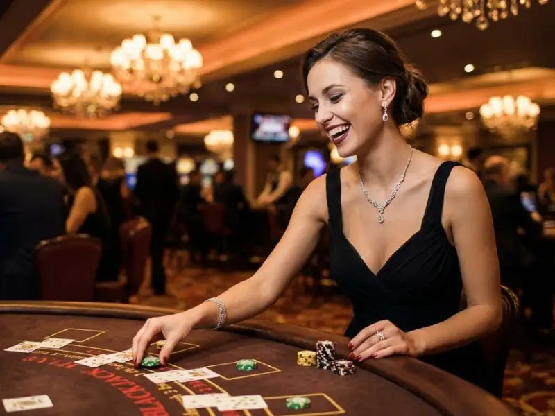 Tonget happy woman placing bet at blackjack table inside a casino
