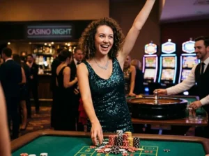 Tonget-person celebrating casino night victory with friends inside a lively casino