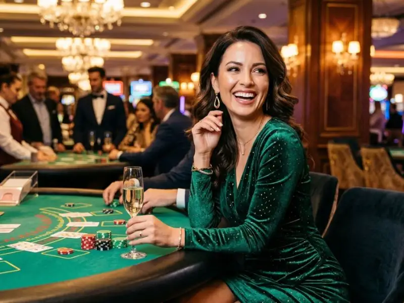 Tonget smiling lady dressed elegantly inside a casino, enjoying the lively atmosphere
