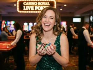 Cheerful woman holding casino chips inside a casino, celebrating with a Tongits Go gift code.