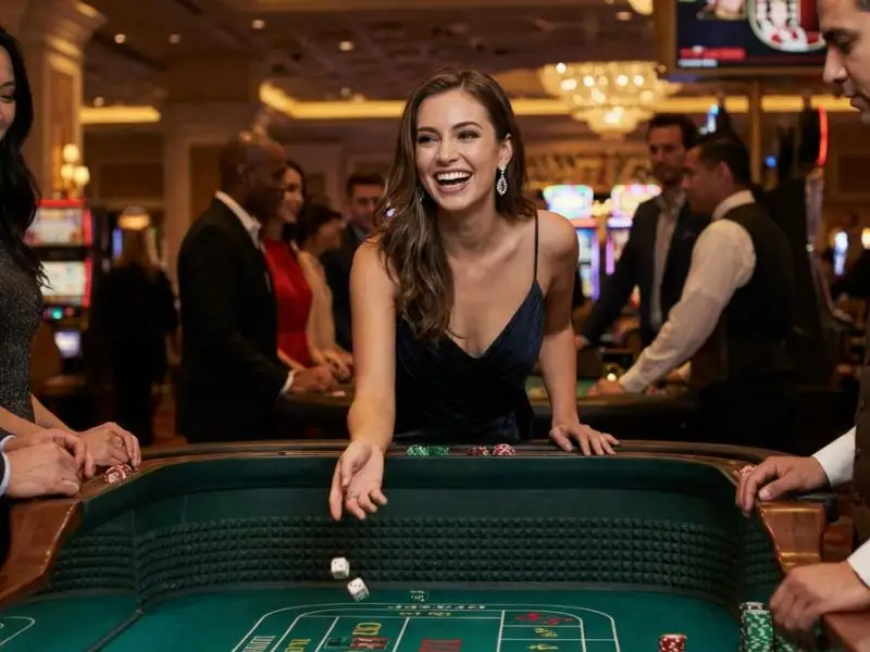 Happy woman playing casino dice games using a tongits go gift code inside a lively casino