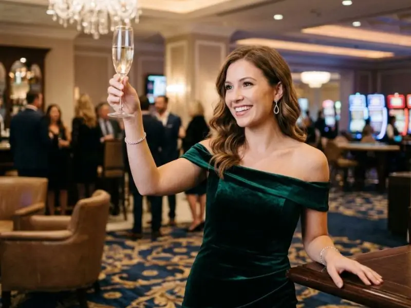 Tongits Go gift code player raising a glass while celebrating in a casino lounge