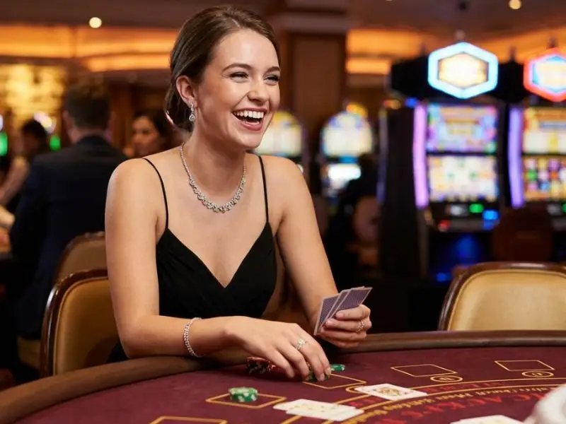 Smiling woman playing casino card games using a tongits go gift code inside a lively casino
