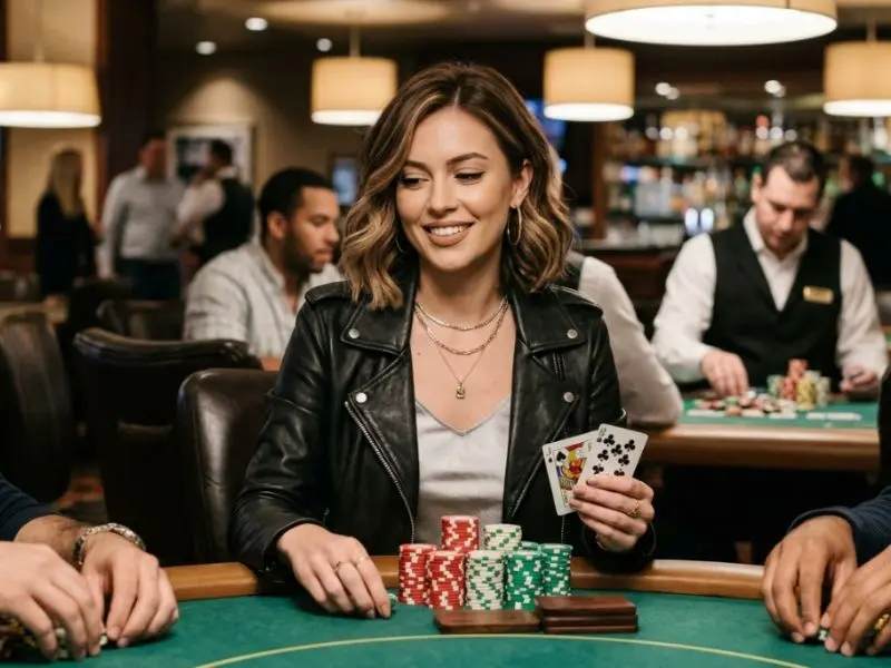 wild west bandit woman sitting at poker table with chips inside a casino