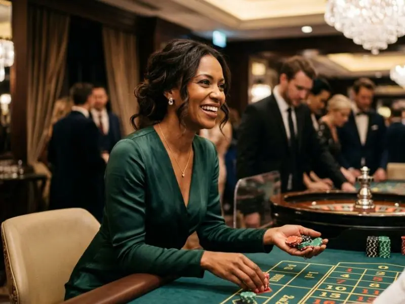 wild west bandit woman smiling while placing chips at roulette table inside casino