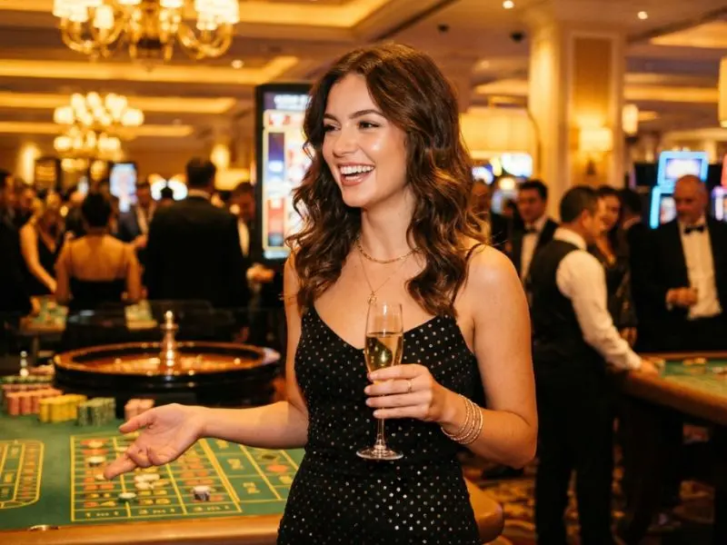 wild west bandits woman enjoying casino night under golden lights