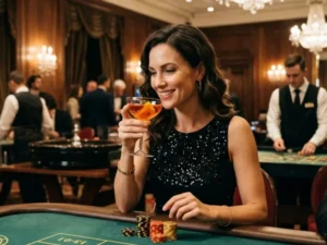 Wild west bandits woman enjoying luxury casino ambience with chips and cocktail