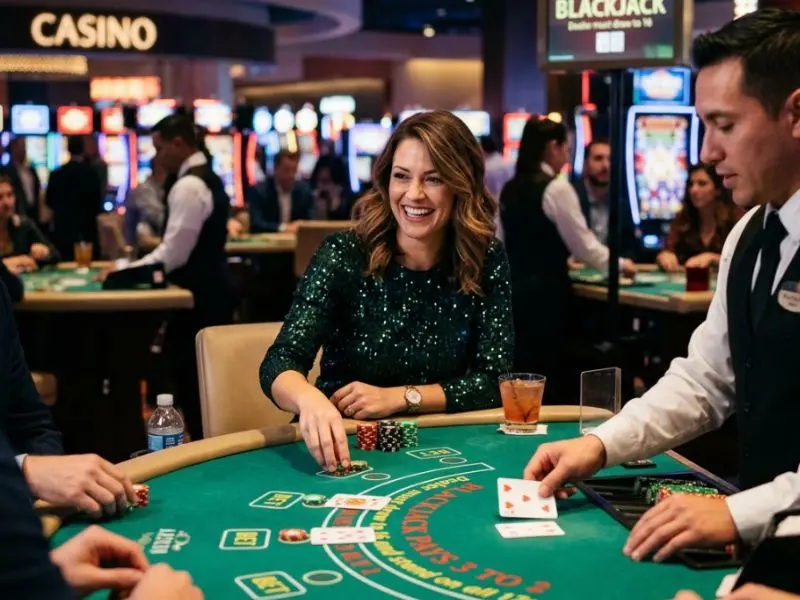 wild west bandits woman playing blackjack happily inside a casino